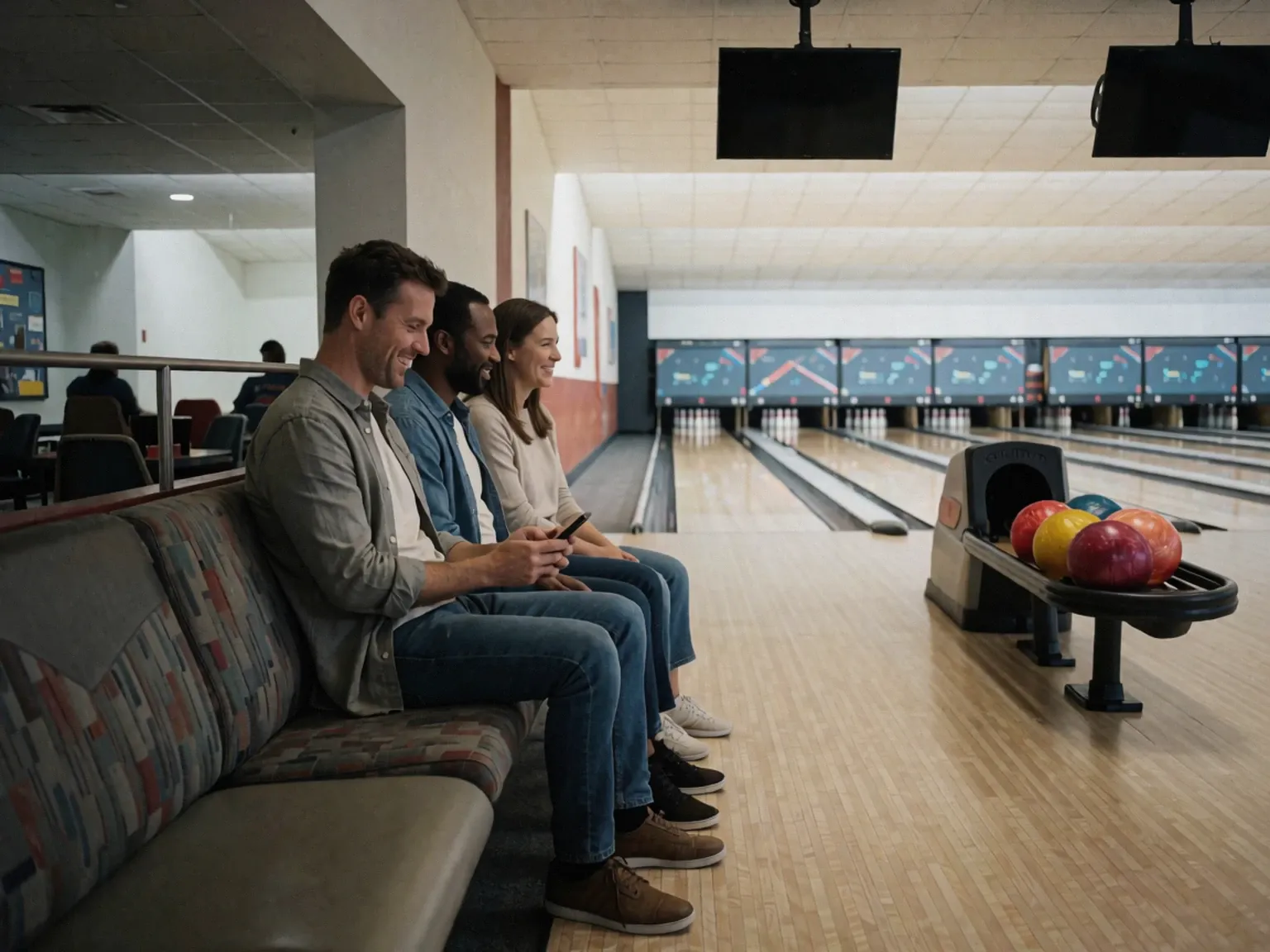 Three friends on the bench at a bowling alley, one smiling at his phone