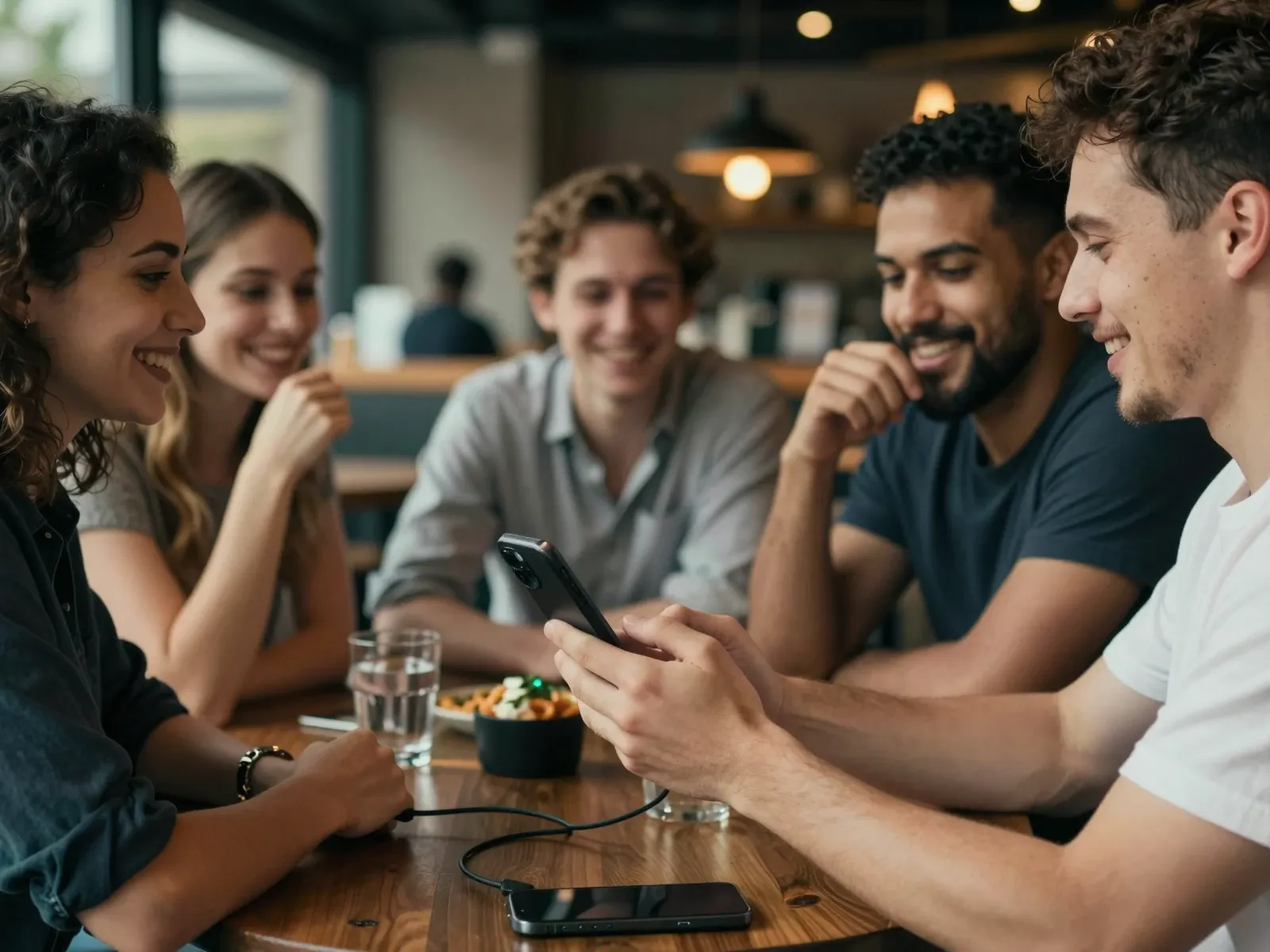 Friends at a restaurant table looking at a phone together
