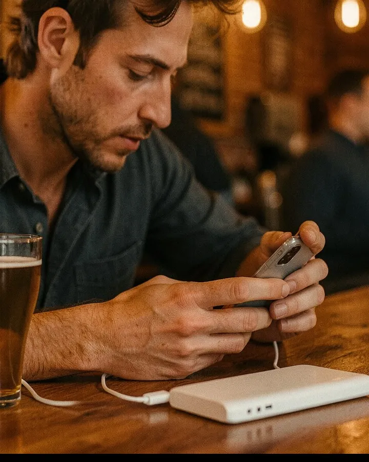 A man at a bar counter using his phone while it charges from a white power bank