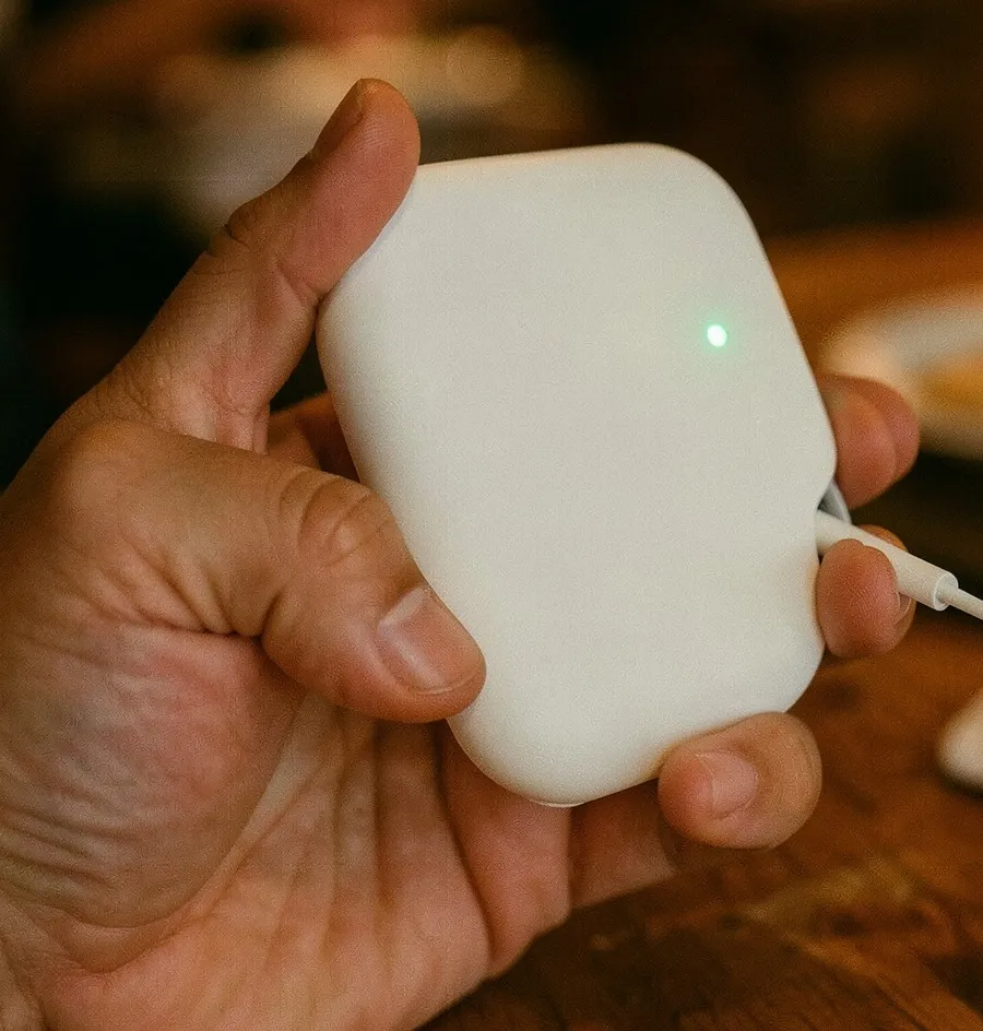 A hand holding a slim white power bank with its charging cable
