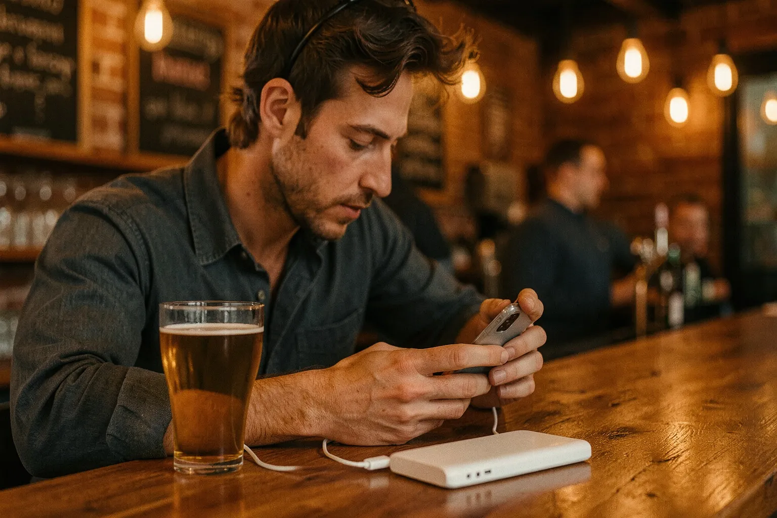 A guest at a taproom bar reading his phone as it charges