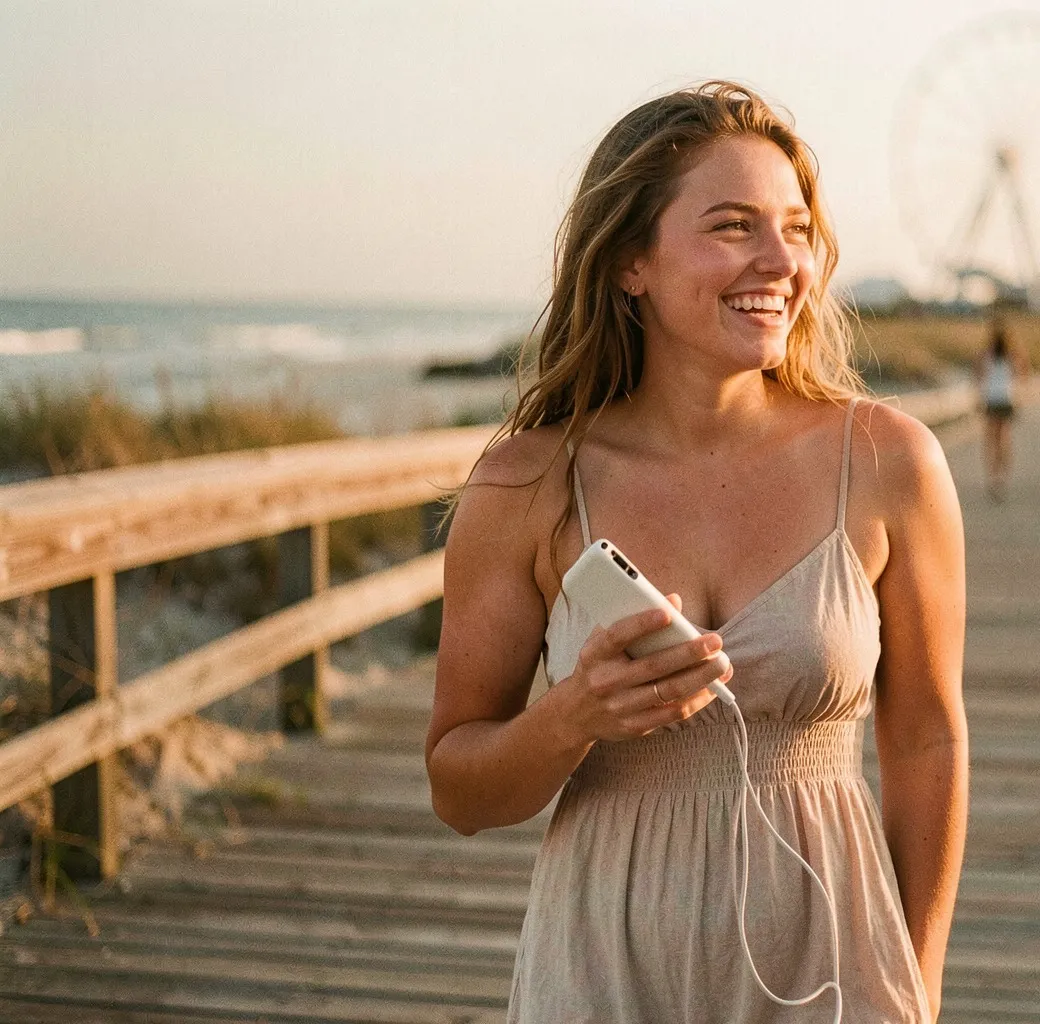 A woman laughing on a beach boardwalk at golden hour, her phone charging from a power bank