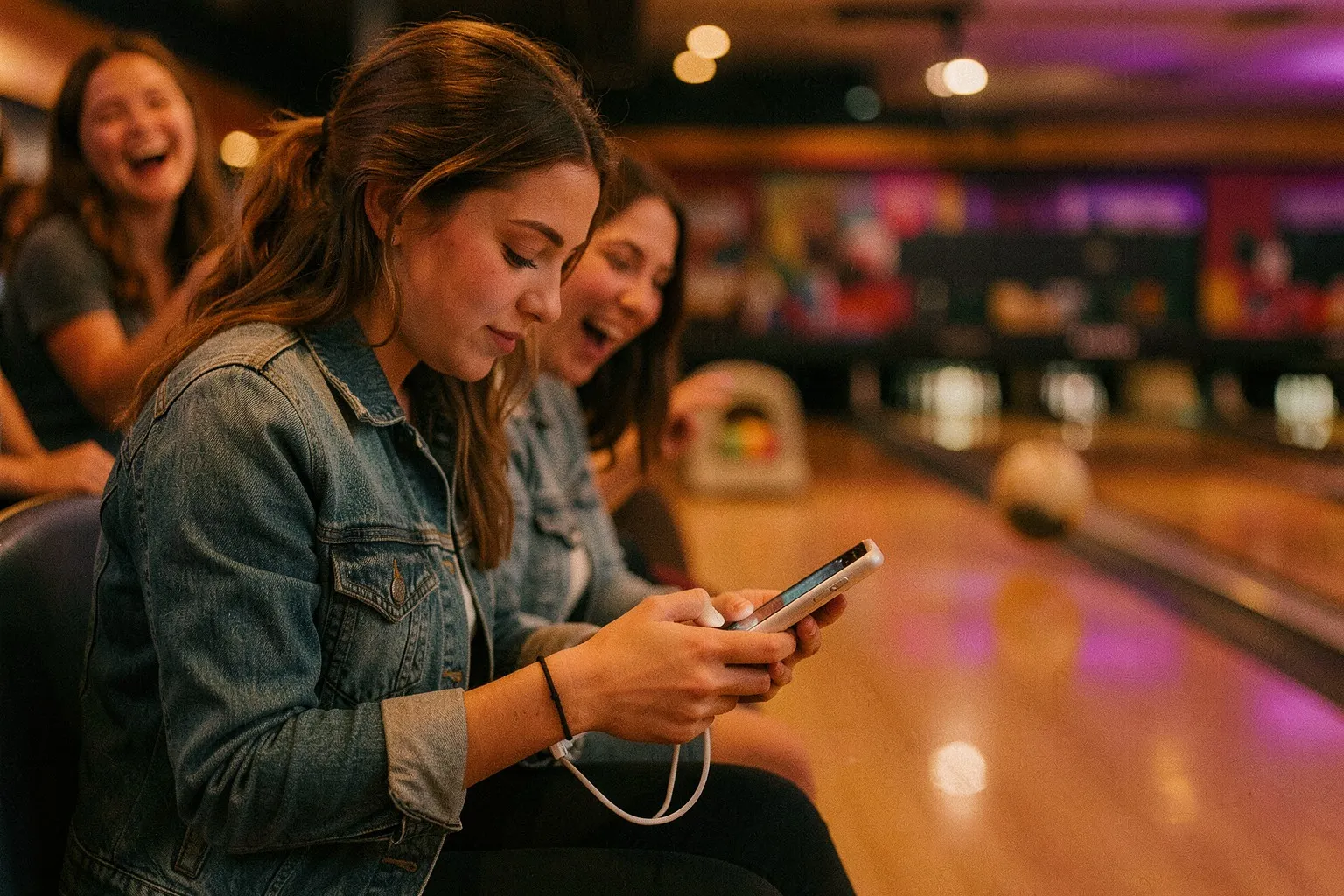 A woman at a bowling alley checks her charging phone while her friends laugh behind her