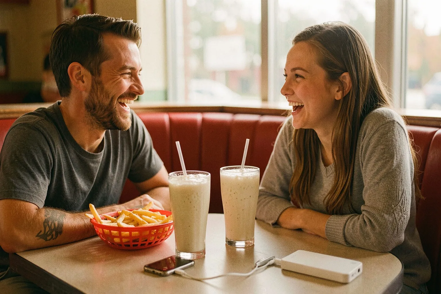 Two friends laughing in a diner booth while a phone charges from a power bank on the table