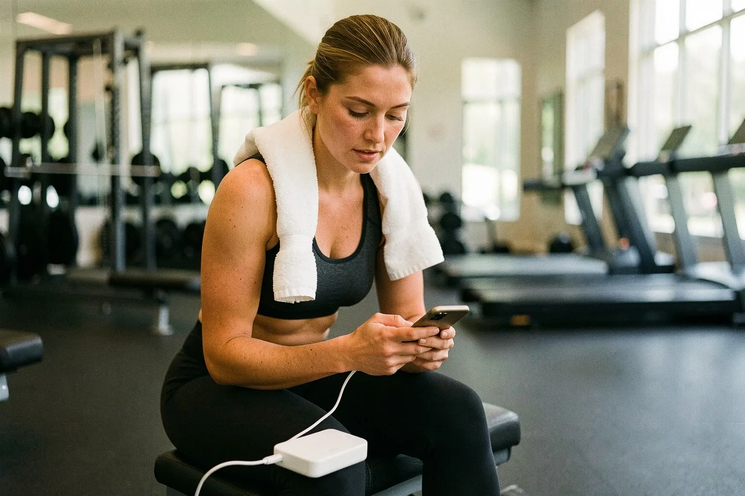 A woman resting on a gym bench, checking her phone as it charges