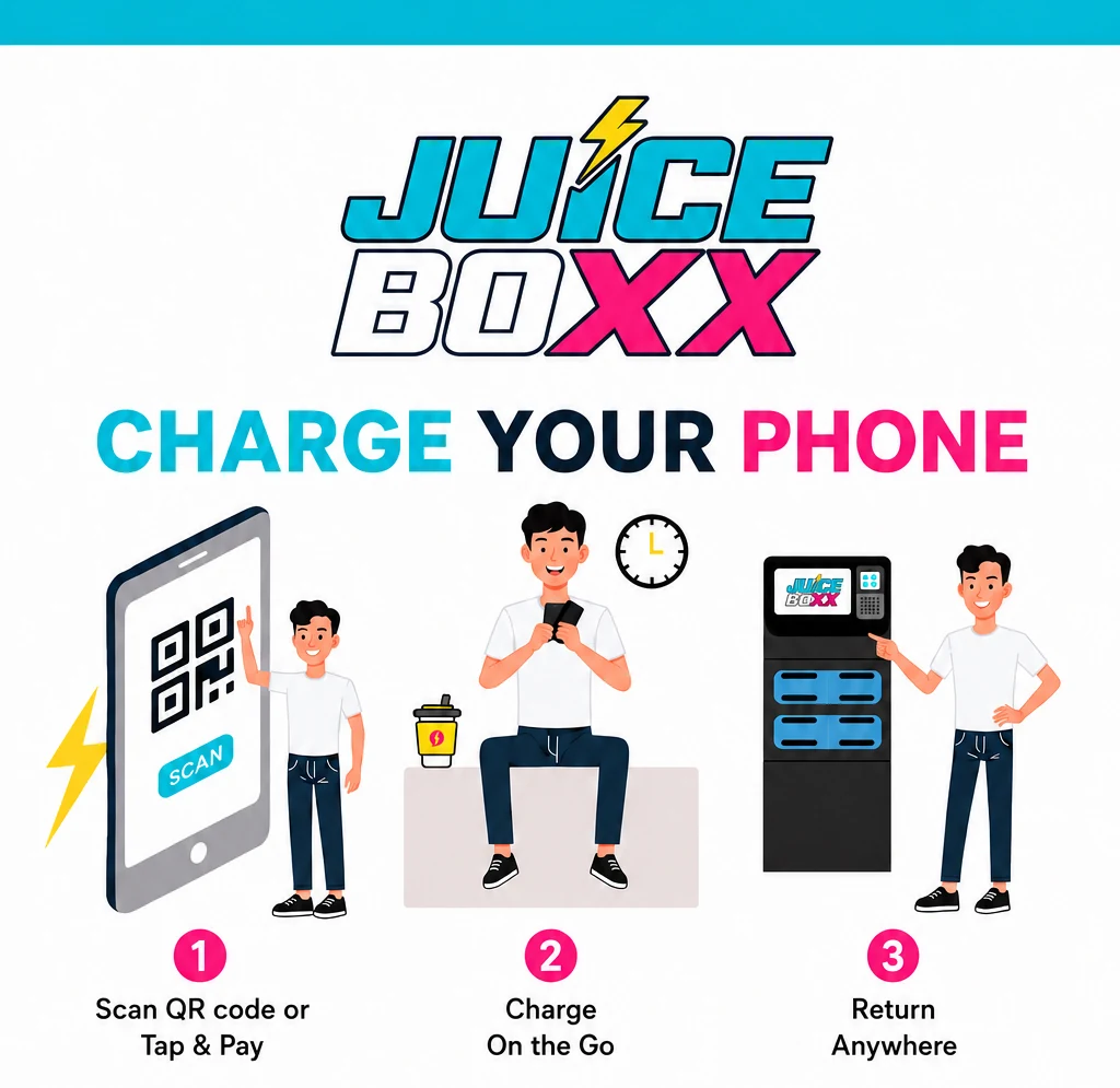 Juice Boxx illustration showing a customer scanning, charging on the go, and returning a portable charger.